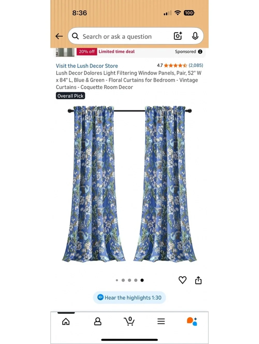 Lush Decor Two Light Filtering Window Panels Curtains 52 X 84 +2 Blue Floral 957